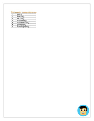 Хэсгүүдийг тодорхойлох нь
-1 part{}
0 chapter{}
1 section{}
2 subsection{}
3 subsubsection{}
4 paragraph{}
5 subparagraph{}
 
