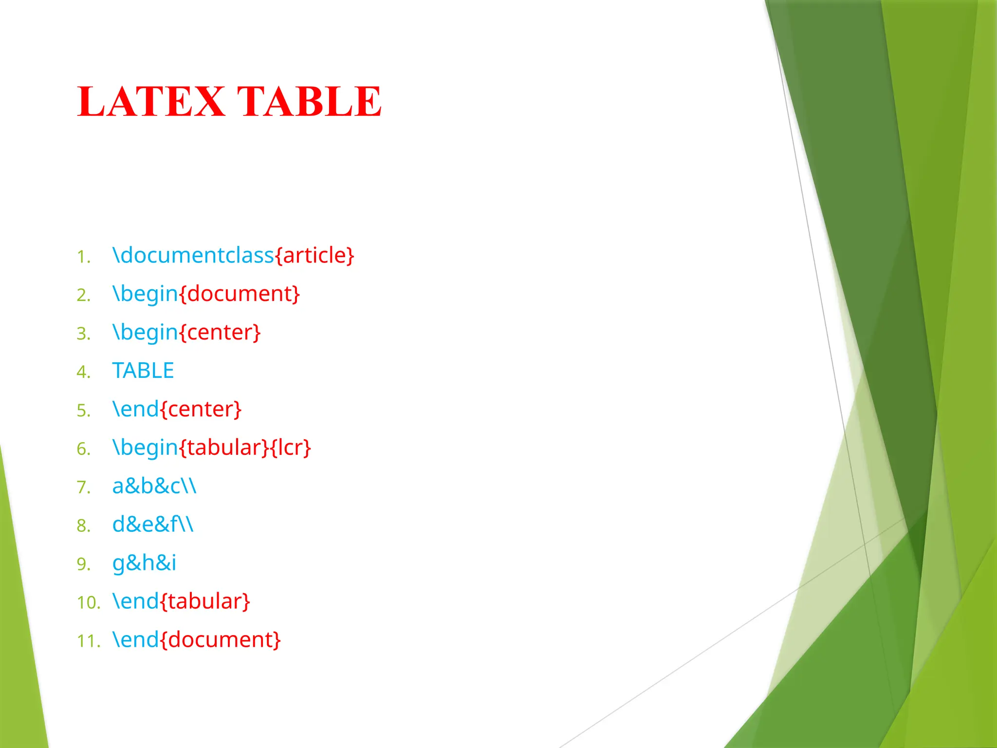 LATEX TABLE
1. documentclass{article}
2. begin{document}
3. begin{center}
4. TABLE
5. end{center}
6. begin{tabular}{lcr}
7. a&b&c
8. d&e&f
9. g&h&i
10. end{tabular}
11. end{document}
 