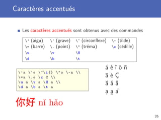 Caractères accentués
Les caractères accentués sont obtenus avec des commandes
’ (aigu) ‘ (grave) ^ (circonﬂexe) ~ (tilde)
= (barre) . (point)  (tréma) c (cédille)
u v H
d b t
’a ‘e ^i{} o ~n 
=a .e c C 
u a v a H a 
d a b a t a
á è î ö ñ
¯a ˙e Ç
ă ˇa ˝a
a. a
¯
a
你好 nǐ hǎo
26
 