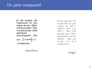 Un petit comparatif
(OpenOﬃce)
Et elle insistait, elle
l’oppressait de jour
comme de nuit !
Allait-il ﬁnir par
c´eder ? Non, il ne
pouvait pas, c’´etait
absolument inenvis-
ageable. Tant que
x2
dx = x3
3 + k, il
tiendra bon !
(LaTEX)
4
 