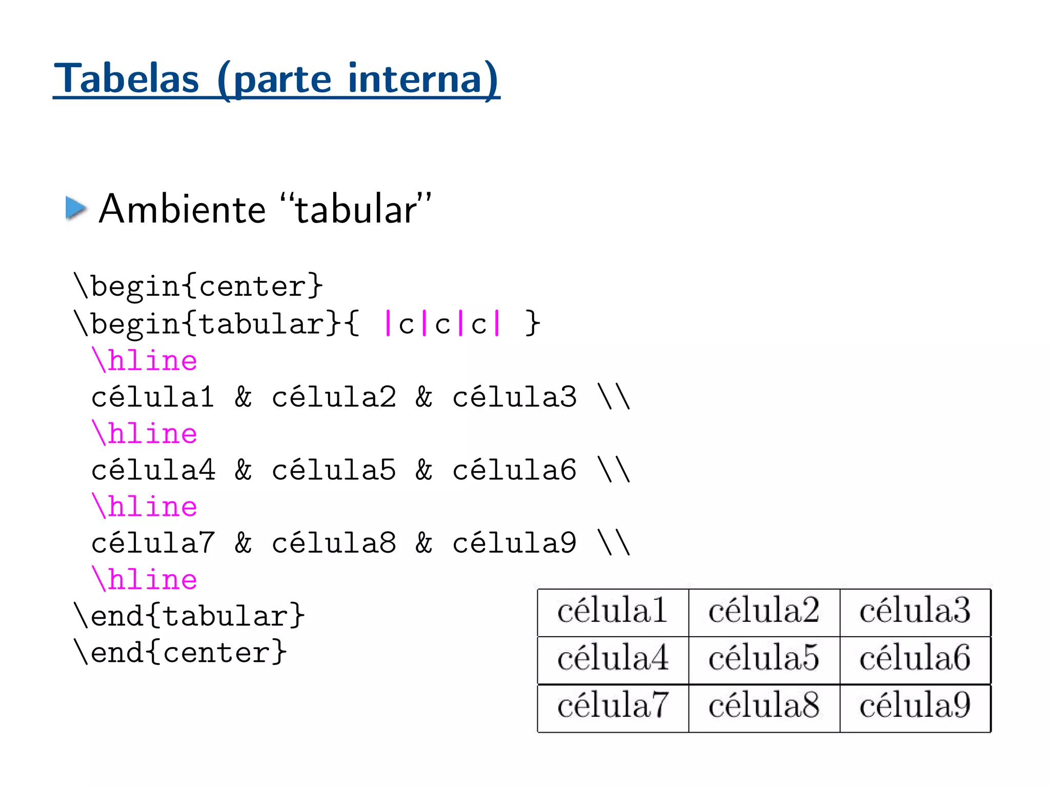 Tabelas (parte interna)
Ambiente “tabular”
begin{center}
begin{tabular}{ |c|c|c| }
hline
célula1 & célula2 & célula3 
hline
célula4 & célula5 & célula6 
hline
célula7 & célula8 & célula9 
hline
end{tabular}
end{center}
 