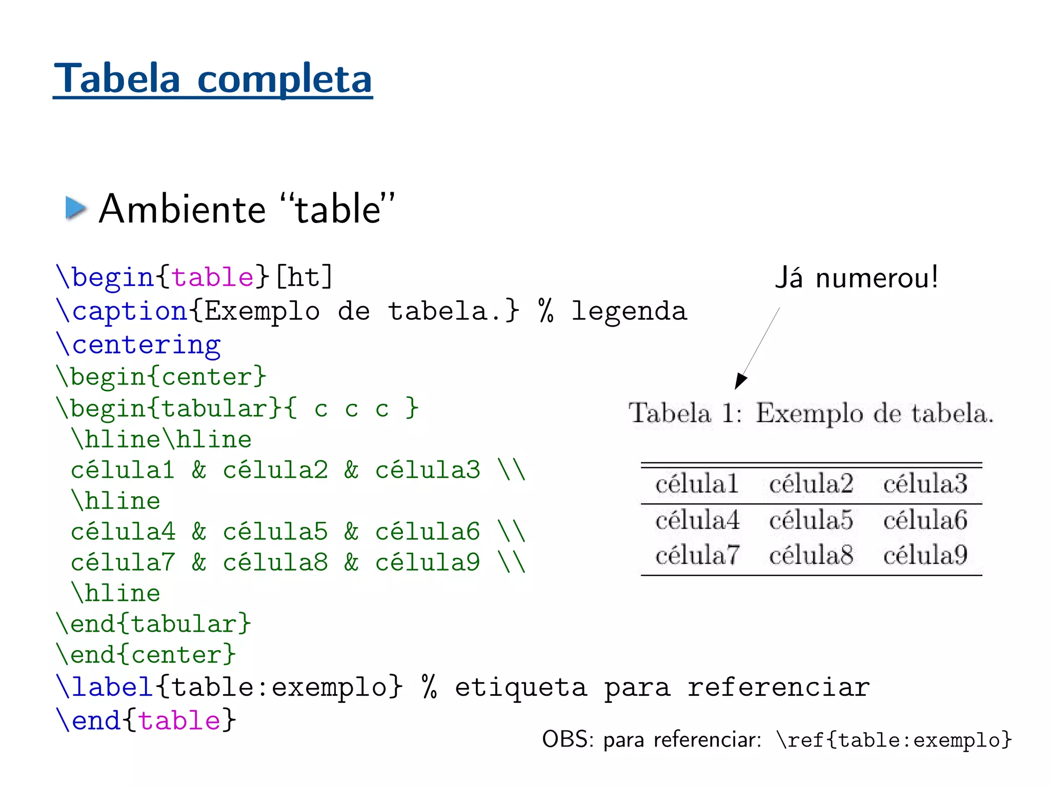 Tabela completa
Ambiente “table”
begin{table}[ht]
caption{Exemplo de tabela.} % legenda
centering
begin{center}
begin{tabular}{ c c c }
hlinehline
célula1 & célula2 & célula3 
hline
célula4 & célula5 & célula6 
célula7 & célula8 & célula9 
hline
end{tabular}
end{center}
label{table:exemplo} % etiqueta para referenciar
end{table}
Já numerou!
OBS: para referenciar: ref{table:exemplo}
 