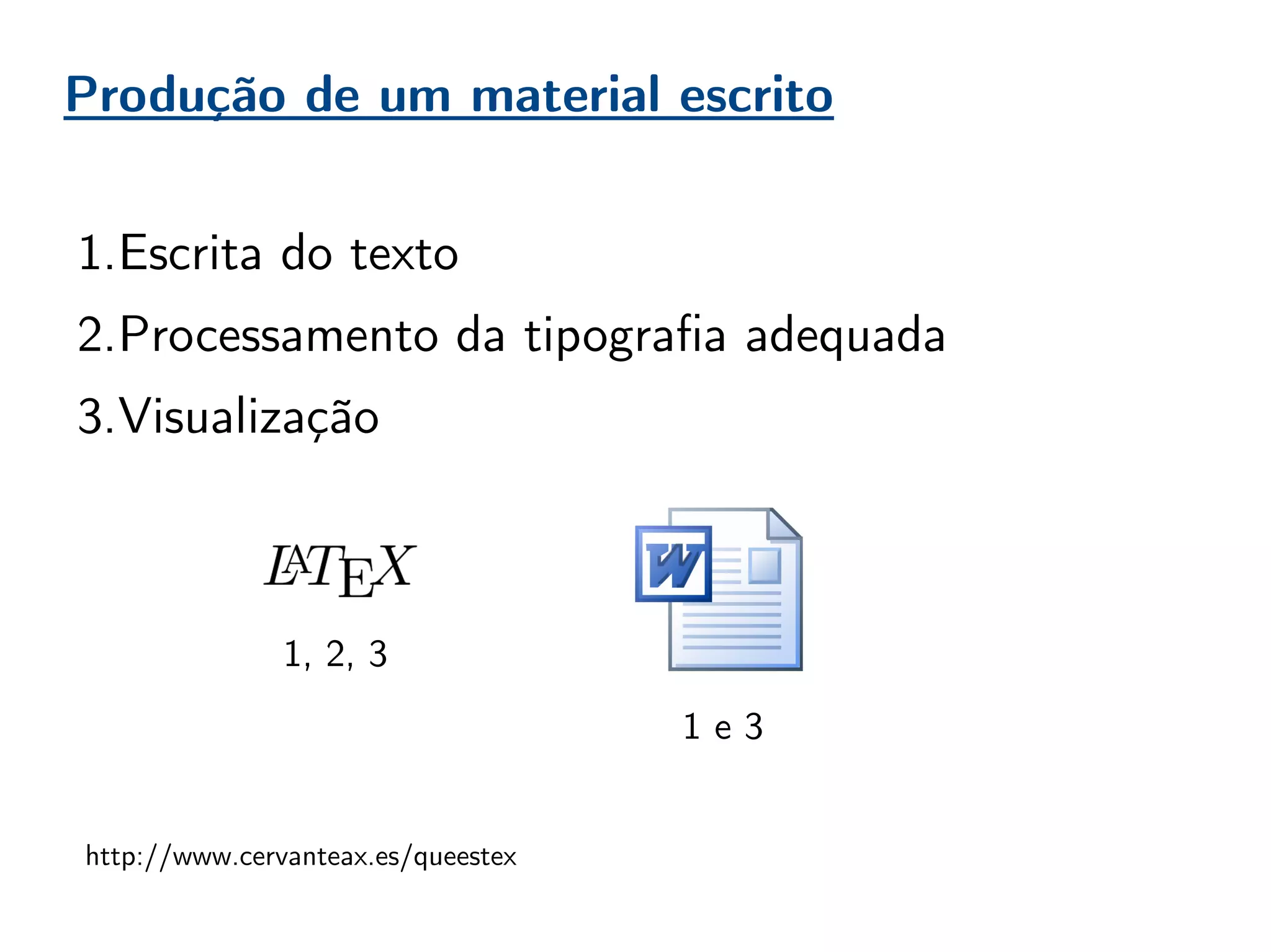 Produção de um material escrito
1.Escrita do texto
2.Processamento da tipografia adequada
3.Visualização
1, 2, 3
1 e 3
http://www.cervanteax.es/queestex
 