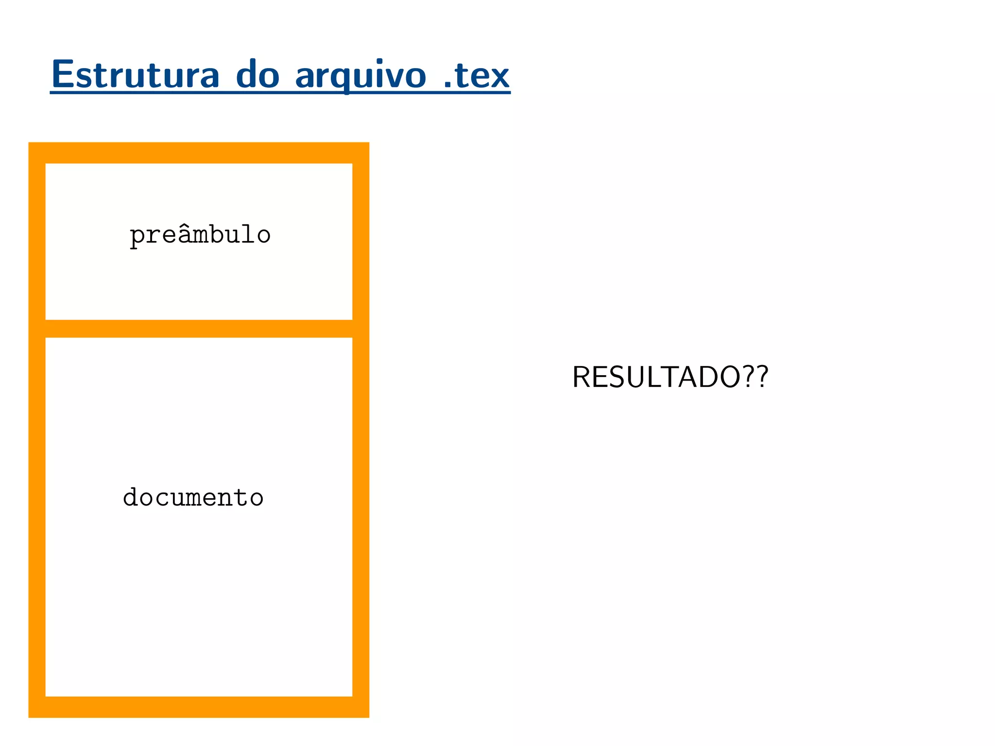 Estrutura do arquivo .tex
documento
preâmbulo
RESULTADO??
 