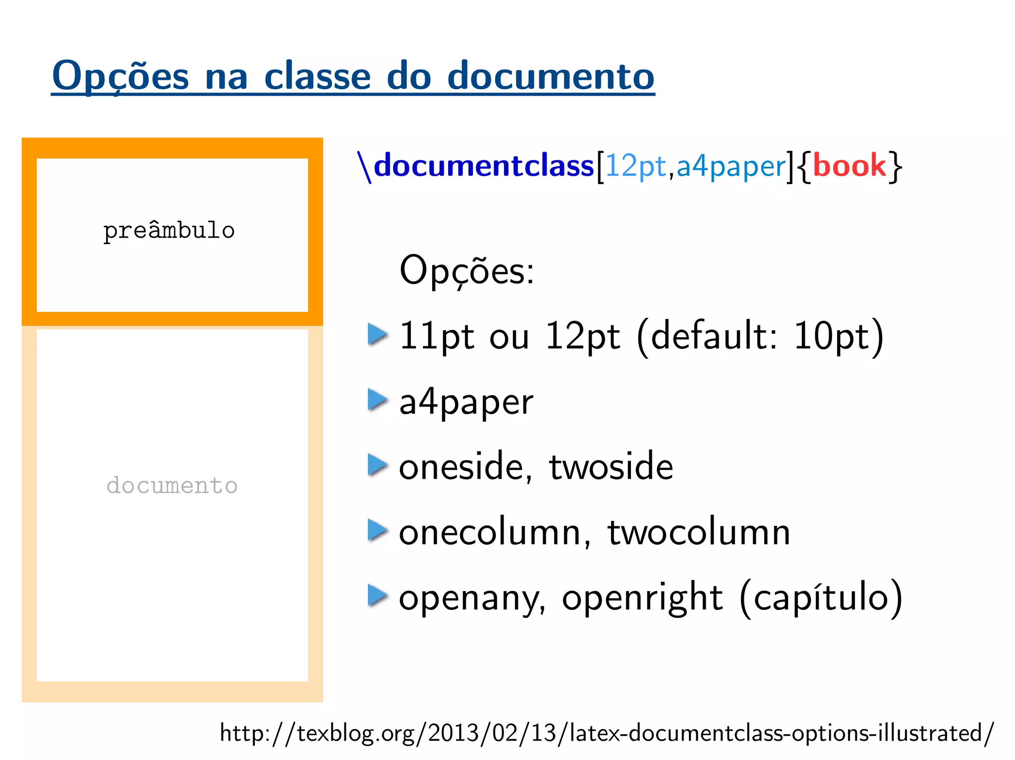 Opções na classe do documento
documentclass[12pt,a4paper]{book}
Opções:
11pt ou 12pt (default: 10pt)
a4paper
oneside, twoside
onecolumn, twocolumn
openany, openright (capítulo)
documento
preâmbulo
http://texblog.org/2013/02/13/latex-documentclass-options-illustrated/
 