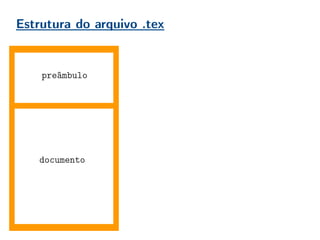 Estrutura do arquivo .tex
documento
Preâmbulo (dicionário):
a. Parte introdutória que explica o propósito
do documento e sua filosofia.
b. Palavras que precedem aquilo que
realmente se quer dizer.
No , o preâmbulo contém as declarações
globais do documento. Pacotes adicionais,
declarações de estilo, novos comandos,
especificações de opções.
Boa prática = organização!
Conforme o usuário ganha experiência, o
preâmbulo vai aumentando. É importante
mantê-lo organizado, comentado, para evitar
perda de tempo do compilador, e do usuário
futuro que não irá entender seu preâmbulo.
preâmbulo
 