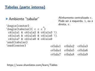 Tabelas (parte interna)
Ambiente “tabular”
begin{center}
begin{tabular}{ c c c }
célula1 & célula2 & célula3 
célula4 & célula5 & célula6 
célula7 & célula8 & célula9
end{tabular}
end{center}
https://www.sharelatex.com/learn/Tables
Alinhamento centralizado c.
Pode ser à esquerda, l, ou à
direita, r.
 