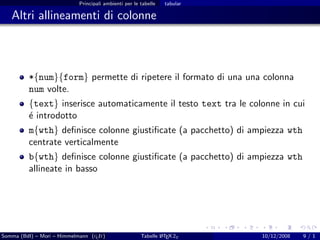Principali ambienti per le tabelle   tabular

   Altri allineamenti di colonne



          *{num}{form} permette di ripetere il formato di una una colonna
          num volte.
         {text} inserisce automaticamente il testo text tra le colonne in cui
         ´ introdotto
         e
          m{wth} deﬁnisce colonne giustiﬁcate (a pacchetto) di ampiezza wth
          centrate verticalmente
          b{wth} deﬁnisce colonne giustiﬁcate (a pacchetto) di ampiezza wth
          allineate in basso




Somma (BdI) – Mori – Himmelmann (g It)
                                  u                            A
                                                       Tabelle L TEX 2ε    10/12/2008   9/1
 