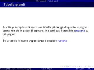 Altri ambienti   Tabelle grandi

   Tabelle grandi




  A volte pu` capitare di avere una tabella pi` lunga di quanto la pagina
             o                                 u
  stessa non sia in grado di ospitare. In questi casi ` possibile spezzarla su
                                                      e
  pi` pagine
    u

  Se la tabella ` invece troppo larga ` possibile ruotarla
                e                     e




Somma (BdI) – Mori – Himmelmann (g It)
                                  u                     A
                                                Tabelle L TEX 2ε           10/12/2008   31 / 1
 