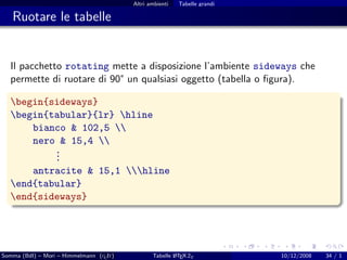 Altri ambienti   Tabelle grandi

   Ruotare le tabelle


  Il pacchetto rotating mette a disposizione l’ambiente sideways che
  permette di ruotare di 90° un qualsiasi oggetto (tabella o ﬁgura).

  begin{sideways}
  begin{tabular}{lr} hline
      bianco & 102,5 
      nero & 15,4 
          .
          .
          .
      antracite & 15,1 hline
  end{tabular}
  end{sideways}




Somma (BdI) – Mori – Himmelmann (g It)
                                  u                     A
                                                Tabelle L TEX 2ε           10/12/2008   34 / 1
 