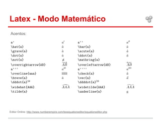 Latex - Modo Matemático 
Acentos: 
Editor Online: http://www.numberempire.com/texequationeditor/equationeditor.php 
 