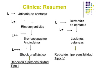 Clínica: Resumen
Urticaria de contactoL
L+
Rinoconjuntivitis
L++
Broncoespasmo
Angiodema
L+++
Shock anafiláctico
L Dermatitis
de contacto
Lesiones
cutáneas
L+
Reacción hipersensibilidad
Tipo IV
Reacción hipersensibilidad
Tipo I
 