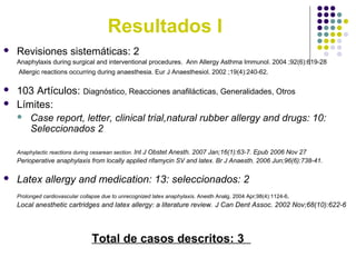 Resultados I
 Revisiones sistemáticas: 2
Anaphylaxis during surgical and interventional procedures. Ann Allergy Asthma Immunol. 2004 ;92(6):619-28
Allergic reactions occurring during anaesthesia. Eur J Anaesthesiol. 2002 ;19(4):240-62.
 103 Artículos: Diagnóstico, Reacciones anafilácticas, Generalidades, Otros
 Límites:
 Case report, letter, clinical trial,natural rubber allergy and drugs: 10:
Seleccionados 2
Anaphylactic reactions during cesarean section. Int J Obstet Anesth. 2007 Jan;16(1):63-7. Epub 2006 Nov 27
Perioperative anaphylaxis from locally applied rifamycin SV and latex. Br J Anaesth. 2006 Jun;96(6):738-41.
 Latex allergy and medication: 13: seleccionados: 2
Prolonged cardiovascular collapse due to unrecognized latex anaphylaxis. Anesth Analg. 2004 Apr;98(4):1124-6,
Local anesthetic cartridges and latex allergy: a literature review. J Can Dent Assoc. 2002 Nov;68(10):622-6
Total de casos descritos: 3
 