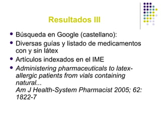 Resultados III
 Búsqueda en Google (castellano):
 Diversas guías y listado de medicamentos
con y sin látex
 Artículos indexados en el IME
 Administering pharmaceuticals to latex-
allergic patients from vials containing
natural...
Am J Health-System Pharmacist 2005; 62:
1822-7
 