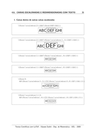 4.6. CAIXAS ESCALONADAS E REDIMENSIONADAS COM TEXTO 31
6. Caixas dentro de outras caixas escalonadas
fbox{scalebox{2}{ABCfbox{DEF}GHI}}
ABC DEF GHI
fbox{scalebox{2}{ABCfbox{scalebox{1.5}{DEF}}GHI}}
ABC DEF GHI
fbox{scalebox{1}{ABCfbox{scalebox{.8}{DEF}}GHI}}
ABC DEF GHI
fbox{scalebox{1}{ABCfbox{scalebox{.8}{DEF}}GHI}}
ABC DEF GHI
fbox{%
ABfbox{scalebox{1.5}{CDfbox{scalebox{0.8}{EF}}GH}}I}}
AB CD EF GH I
fbox{scalebox{1}{%
ABfbox{scalebox{.8}{CDfbox{scalebox{.8}{EF}}GH}}I}}
AB CD EF GH I
Textos Cient´ıﬁcos com LaTeX - Ulysses Sodr´e - Dep. de Matem´atica - UEL - 2009
 