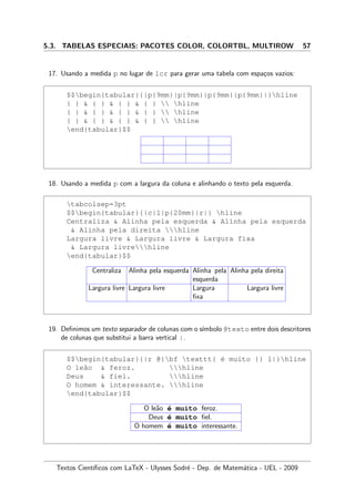 5.3. TABELAS ESPECIAIS: PACOTES COLOR, COLORTBL, MULTIROW 57
17. Usando a medida p no lugar de lcr para gerar uma tabela com espa¸cos vazios:
$$begin{tabular}{|p{9mm}|p{9mm}|p{9mm}|p{9mm}|}hline
{ }  { }  { }  { }  hline
{ }  { }  { }  { }  hline
{ }  { }  { }  { }  hline
end{tabular}$$
18. Usando a medida p com a largura da coluna e alinhando o texto pela esquerda.
tabcolsep=3pt
$$begin{tabular}{|c|l|p{20mm}|r|} hline
Centraliza  Alinha pela esquerda  Alinha pela esquerda
 Alinha pela direita hline
Largura livre  Largura livre  Largura fixa
 Largura livrehline
end{tabular}$$
Centraliza Alinha pela esquerda Alinha pela
esquerda
Alinha pela direita
Largura livre Largura livre Largura
ﬁxa
Largura livre
19. Deﬁnimos um texto separador de colunas com o s´ımbolo @texto entre dois descritores
de colunas que substitui a barra vertical |.
$$begin{tabular}{|r @{bf texttt{ ´e muito }} l|}hline
O le˜ao  feroz. hline
Deus  fiel. hline
O homem  interessante. hline
end{tabular}$$
O le˜ao ´e muito feroz.
Deus ´e muito ﬁel.
O homem ´e muito interessante.
Textos Cient´ıﬁcos com LaTeX - Ulysses Sodr´e - Dep. de Matem´atica - UEL - 2009
 