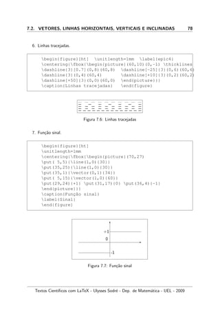 7.2. VETORES, LINHAS HORIZONTAIS, VERTICAIS E INCLINADAS 78
6. Linhas tracejadas.
begin{figure}[ht] unitlength=1mm label{epic4}
centering{fbox{begin{picture}(60,10)(0,-1) thicklines
dashline{3}[0.7](0,8)(60,8) dashline[-25]{3}(0,6)(60,6)
dashline{3}(0,4)(60,4) dashline[+10]{3}(0,2)(60,2)
dashline[+50]{3}(0,0)(60,0) end{picture}}}
caption{Linhas tracejadas} end{figure}
Figura 7.6: Linhas tracejadas
7. Fun¸c˜ao sinal.
begin{figure}[ht]
unitlength=1mm
centering{fbox{begin{picture}(70,27)
put( 5,5){line(1,0){30}}
put(35,25){line(1,0){30}}
put(35,1){vector(0,1){34}}
put( 5,15){vector(1,0){60}}
put(29,24){+1} put(31,17){0} put(36,4){-1}
end{picture}}}
caption{Func¸˜ao sinal}
label{Sinal}
end{figure}
6
-
+1
0
-1
Figura 7.7: Fun¸c˜ao sinal
Textos Cient´ıﬁcos com LaTeX - Ulysses Sodr´e - Dep. de Matem´atica - UEL - 2009
 