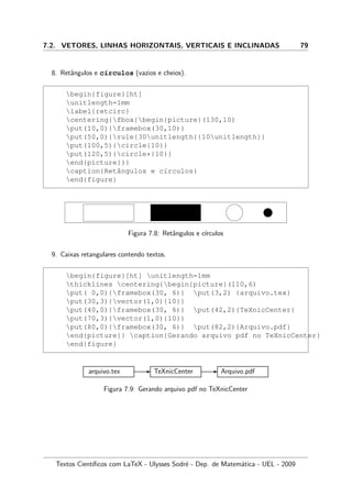 7.2. VETORES, LINHAS HORIZONTAIS, VERTICAIS E INCLINADAS 79
8. Retˆangulos e c´ırculos (vazios e cheios).
begin{figure}[ht]
unitlength=1mm
label{retcirc}
centering{fbox{begin{picture}(130,10)
put(10,0){framebox(30,10)}
put(50,0){rule{30unitlength}{10unitlength}}
put(100,5){circle{10}}
put(120,5){circle*{10}}
end{picture}}}
caption{Retˆangulos e c´ırculos}
end{figure}


~
Figura 7.8: Retˆangulos e c´ırculos
9. Caixas retangulares contendo textos.
begin{figure}[ht] unitlength=1mm
thicklines centering{begin{picture}(110,6)
put( 0,0){framebox(30, 6)} put(3,2) {arquivo.tex}
put(30,3){vector(1,0){10}}
put(40,0){framebox(30, 6)} put(42,2){TeXnicCenter}
put(70,3){vector(1,0){10}}
put(80,0){framebox(30, 6)} put(82,2){Arquivo.pdf}
end{picture}} caption{Gerando arquivo pdf no TeXnicCenter}
end{figure}
arquivo.tex - TeXnicCenter - Arquivo.pdf
Figura 7.9: Gerando arquivo pdf no TeXnicCenter
Textos Cient´ıﬁcos com LaTeX - Ulysses Sodr´e - Dep. de Matem´atica - UEL - 2009
 