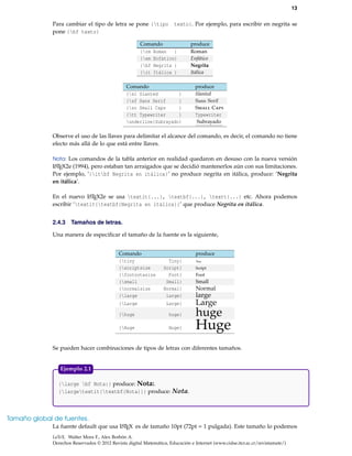 13
Para cambiar el tipo de letra se pone {tipo texto}. Por ejemplo, para escribir en negrita se
pone {bf texto}
Comando produce
{rm Roman } Roman
{em Enfático} Enfático
{bf Negrita } Negrita
{it Itálica } Itálica
Comando produce
{sl Slanted } Slanted
{sf Sans Serif } Sans Serif
{sc Small Caps } Small Caps
{tt Typewriter } Typewriter
underline{Subrayado} Subrayado
Observe el uso de las llaves para delimitar el alcance del comando, es decir, el comando no tiene
efecto más allá de lo que está entre llaves.
Nota: Los comandos de la tabla anterior en realidad quedaron en desuso con la nueva versión
LATEX2e (1994), pero estaban tan arraigados que se decidió mantenerlos aún con sus limitaciones.
Por ejemplo, ‘{itbf Negrita en itálica}’ no produce negrita en itálica, produce: ‘Negrita
en itálica’.
En el nuevo LATEX2e se usa textit{...}, textbf{...}, textt{...} etc. Ahora podemos
escribir ‘textit{textbf{Negrita en itálica}}’ que produce Negrita en itálica.
2.4.3 Tamaños de letras.
Una manera de especiﬁcar el tamaño de la fuente es la siguiente,
Comando produce
{tiny Tiny} Tiny
{scriptsize Script} Script
{footnotesize Foot} Foot
{small Small} Small
{normalsize Normal} Normal
{large large} large
{Large Large} Large
{huge huge} huge
{Huge Huge} Huge
Se pueden hacer combinaciones de tipos de letras con diferentes tamaños.
{large bf Nota:} produce: Nota:.
{largetextit{textbf{Nota}}} produce: Nota.
Ejemplo 2.1
Tamaño global de fuentes.
La fuente default que usa LATEX es de tamaño 10pt (72pt = 1 pulgada). Este tamaño lo podemos
LaTeX. Walter Mora F., Alex Borbón A.
Derechos Reservados © 2012 Revista digital Matemática, Educación e Internet (www.cidse.itcr.ac.cr/revistamate/)
 