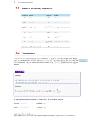 36 TEXTO EN MODO MATEMÁTICO
3.1 Potencias, subíndices y superíndices
Expresión Código Expresión Código
xp x^p xn+1 x^{n+1}
(22)n (2^2)^n 22n
2^{2^n}
sen2(x) sen^2(x) xsen(x)+cos(x) x^{sen (x)+ cos (x)}
an a_n an+1 a_{n+1}
uN+1 u_{N+1} uN+1 u_{_{N+1}}
a
j
i a_i^j
b
a f (x)dx int_a^b f(x) , dx
∑N
n=1 un sum_{n=1}^{N}u_n uij u_{ij}
3.2 Tamaño natural
Como se ve en la tabla anterior, el texto matemático se ajusta al ancho del renglón. Para desple-
garlo en tamaño natural se usa el comando displaystyle. Si sólo se quiere que una parte del
displaystyle
texto matemático salga en tamaño natural se escribe displaystyle{} y entre las llaves se pone
el texto.
El texto:
La suma parcial $N-$ésima $S_N$ se define con la igualdad
$displaystyle S_N=sum_{k=1}^{N} ; a_n$
produce:
La suma parcial N−ésima SN se deﬁne con la igualdad SN =
N
∑
k=1
an
Ejemplo 3.1
Se pueden ajustar los subíndice y los superíndices de la siguiente manera
Normal: $S_{N_j}$ produce: SNj
Mejor: $S_{_{N_j}}$ produce: SNj
LaTeX. Walter Mora F., Alex Borbón A.
Derechos Reservados © 2012 Revista digital Matemática, Educación e Internet (www.cidse.itcr.ac.cr/revistamate/)
 
