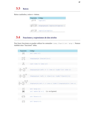 37
3.3 Raíces
Raíces cuadradas y raíces n−ésimas.
Expresión Código
√
x + 1 sqrt{x+1}
n
x +
√
x displaystyle{ sqrt[n]{x+sqrt{x}} }
n
x +
√
x sqrt[n]{x+sqrt{x}}
3.4 Fracciones y expresiones de dos niveles
Para hacer fracciones se pueden utilizar los comandos: over, frac{}{} o { atop }. Veamos
también otras “fracciones” útiles.
Expresión Código
x+1
x−1 {x+1 over x-1}
x + 1
x − 1
displaystyle frac{x+1}{x-1}
x+1
3
x−1 {{x+1 over 3} over x-1}
1 +
1
x
n+1
n
displaystyle{left( 1+ {1 over x} right)^{n+1 over n}}
1 +
1
x
n+1
n
displaystyle left( 1+ frac{1}{x} right)^frac{n+1}{n}
1 +
1
x
n + 1
n displaystyle{left( 1+ {1 over x} right)}^{displaystyle{n+1 over n}}
x+1
x−1 {x+1 atop x-1}
x+1
x−1
{x+1 above 2pt x-1} (2pt es el grosor)
{x+1
x−1} {x+1 brace x-1}
[x+1
x−1] {x+1 brack x-1}
 