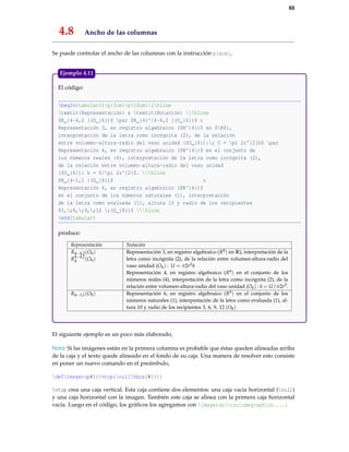 65
4.8 Ancho de las columnas
Se puede controlar el ancho de las columnas con la instrucción p{xcm},
El código:
begin{tabular}{|p{3cm}|p{10cm}|}hline
textit{Representación} & textit{Notación} hline
$R_{4-4,2 }(O_{6})$ par $R_{4}^{4-4,2 }(O_{6})$ &
Representación 3, en registro algebraico ($R^{4})$ en $R$),
interpretación de la letra como incógnita (2), de la relación
entre volumen-altura-radio del vaso unidad ($O_{6}):; U = pi 2r^{2}h$ par
Representación 4, en registro algebraico ($R^{4})$ en el conjunto de
los números reales (4), interpretación de la letra como incógnita (2),
de la relación entre volumen-altura-radio del vaso unidad
($O_{6}): h = U/pi 2r^{2}$. hline
$R_{4-1,1 }(O_{8})$ &
Representación 6, en registro algebraico ($R^{4})$
en el conjunto de los números naturales (1), interpretación
de la letra como evaluada (1), altura 10 y radio de los recipientes
$3,;6,;9,;12 ;(O_{8})$ hline
end{tabular}
produce:
Representación Notación
R4−4,2(O6)
R4−4,2
4 (O6)
Representación 3, en registro algebraico (R4) en R), interpretación de la
letra como incógnita (2), de la relación entre volumen-altura-radio del
vaso unidad (O6) : U = π2r2h
Representación 4, en registro algebraico (R4) en el conjunto de los
números reales (4), interpretación de la letra como incógnita (2), de la
relación entre volumen-altura-radio del vaso unidad (O6) : h = U/π2r2.
R4−1,1(O8) Representación 6, en registro algebraico (R4) en el conjunto de los
números naturales (1), interpretación de la letra como evaluada (1), al-
tura 10 y radio de los recipientes 3, 6, 9, 12 (O8)
Ejemplo 4.11
El siguiente ejemplo es un poco más elaborado,
Nota: Si las imágenes están en la primera columna es probable que éstas queden alineadas arriba
de la caja y el texto quede alineado en el fondo de su caja. Una manera de resolver esto consiste
en poner un nuevo comando en el preámbulo,
defimagetop#1{vtop{nullhbox{#1}}}
vtop crea una caja vertical. Esta caja contiene dos elementos: una caja vacía horizontal (null)
y una caja horizontal con la imagen. También este caja se alinea con la primera caja horizontal
vacía. Luego en el código, los gráﬁcos los agregamos con imagetop{includegraphics....}
 