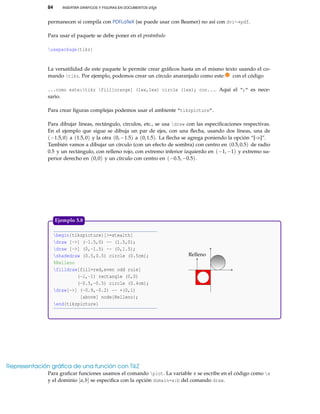 84 INSERTAR GRÁFICOS Y FIGURAS EN DOCUMENTOS LATEX
permanecen si compila con PDFLaTeX (se puede usar con Beamer) no así con dvi→pdf.
Para usar el paquete se debe poner en el preámbulo
usepackage{tikz}
La versatilidad de este paquete le permite crear gráﬁcos hasta en el mismo texto usando el co-
mando tikz. Por ejemplo, podemos crear un círculo anaranjado como este: con el código
...como este:tikz fill[orange] (1ex,1ex) circle (1ex); con.... Aquí el “;” es nece-
sario.
Para crear ﬁguras complejas podemos usar el ambiente “tikzpicture”.
Para dibujar líneas, rectángulo, círculos, etc., se usa draw con las especiﬁcaciones respectivas.
En el ejemplo que sigue se dibuja un par de ejes, con una ﬂecha, usando dos líneas, una de
(−1.5,0) a (1.5,0) y la otra (0,−1.5) a (0,1.5). La ﬂecha se agrega poniendo la opción “[->]”.
También vamos a dibujar un círculo (con un efecto de sombra) con centro en (0.5,0.5) de radio
0.5 y un rectángulo, con relleno rojo, con extremo inferior izquierdo en (−1,−1) y extremo su-
perior derecho en (0,0) y un círculo con centro en (−0.5,−0.5).
begin{tikzpicture}[>=stealth]
draw [->] (-1.5,0) -- (1.5,0);
draw [->] (0,-1.5) -- (0,1.5);
shadedraw (0.5,0.5) circle (0.5cm);
%Relleno
filldraw[fill=red,even odd rule]
(-1,-1) rectangle (0,0)
(-0.5,-0.5) circle (0.4cm);
draw[->] (-0.9,-0.2) -- +(0,1)
[above] node{Relleno};
end{tikzpicture}
Relleno
Ejemplo 5.8
Representación gráﬁca de una función con TikZ
Para graﬁcar funciones usamos el comando plot. La variable x se escribe en el código como x
y el dominio [a,b] se especiﬁca con la opción domain=a:b del comando draw.
 