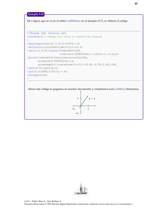 87
De a ﬁgura que se ve en el editor LaTeXDraw, en el ejemplo (5.7), se obtiene el código
{fboxsep 12pt fboxrule 1pt%
scalebox{1} % Change this value to rescale the drawing.
{
begin{pspicture}(0,-1.5)(3.101875,1.5)
definecolor{color2440}{rgb}{0.0,0.4,0.4}
rput(1.0,-0.5){psaxes[linewidth=0.022,
ticksize=0.10583333cm]{->}(0,0)(-1,-1)(2,2)}
psline[linewidth=0.04cm,linecolor=color2440,
arrowsize=0.05291667cm 2.0,
arrowlength=1.4,arrowinset=0.4]{->}(0.82,-0.78)(1.96,0.86)
usefont{T1}{ptm}{m}{n}
rput(2.5114062,0.43){$y = x$}
end{pspicture}
}
Ahora este código lo pegamos en nuestro documento y compilamos (con LaTeX) y obtenemos,
1−1
1
−1
y = x
Ejemplo 5.10
LaTeX. Walter Mora F., Alex Borbón A.
Derechos Reservados © 2012 Revista digital Matemática, Educación e Internet (www.cidse.itcr.ac.cr/revistamate/)
 