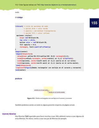 155
10.3 Crear ﬁguras nativas con TikZ (http://www.tec-digital.itcr.ac.cr/revistamatematica/).
nodo.
El código:
tikzset{ % Lista de opciones de nodo
% opción draw = color borde
% opacity = porcentaje transparencia
% opción fill = color relleno
opciones/.style={%
draw= red!50!black!50,
top color = white,
bottom color = red!50!black!20,
fill opacity = 0.6,
rectangle, font=smallbfsffamily}
}
begin{center}
begin{tikzpicture}
draw[draw= yellow!30,fill=yellow!30] (0,0) rectangle(2,2);
node[draw=black,rectangle, anchor=center] at (1,1) {$bullet$};
node[opciones, anchor=south east] at (1,1) {ancla en el sur-este};
node[opciones, anchor=north west] at (1,1) {ancla en el norte-oeste};
end{tikzpicture}
captionof{figure}{Nodos rectangular con anclaje en el sureste y noroeste}
end{center}
produce:
•
ancla en el sur-este
ancla en el norte-oeste
Figura 10.1. Nodos rectangular con anclaje en el sureste y noroeste
También podemos anclar un nodo en alguna posición respecto a la página actual,
Usando librerías
Hay librerías TikZ especiales para hacer muchas cosas. Más adelante vamos a usar algunas de
estas librerías. Por ahora, vamos a usar una par de librerías de ejemplo.
 