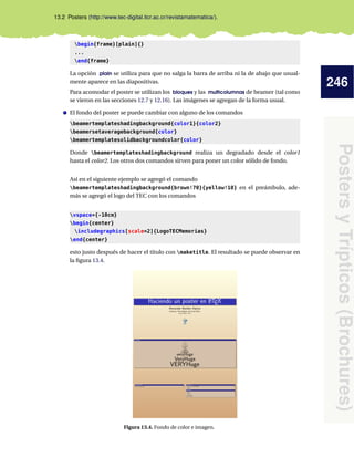 246
PostersyTrípticos(Brochures)
13.2 Posters (http://www.tec-digital.itcr.ac.cr/revistamatematica/).
begin{frame}[plain]{}
...
end{frame}
La opción plain se utiliza para que no salga la barra de arriba ni la de abajo que usual-
mente aparece en las diapositivas.
Para acomodar el poster se utilizan los bloques y las multicolumnas de beamer (tal como
se vieron en las secciones 12.7 y 12.16). Las imágenes se agregan de la forma usual.
El fondo del poster se puede cambiar con alguno de los comandos
beamertemplateshadingbackground{color1}{color2}
beamersetaveragebackground{color}
beamertemplatesolidbackgroundcolor{color}
Donde beamertemplateshadingbackground realiza un degradado desde el color1
hasta el color2. Los otros dos comandos sirven para poner un color sólido de fondo.
Así en el siguiente ejemplo se agregó el comando
beamertemplateshadingbackground{brown!70}{yellow!10} en el preámbulo, ade-
más se agregó el logo del TEC con los comandos
vspace*{-10cm}
begin{center}
includegraphics[scale=2]{LogoTECMemorias}
end{center}
esto justo después de hacer el título con maketitle. El resultado se puede observar en
la ﬁgura 13.4.
Figura 13.4. Fondo de color e imagen.
 