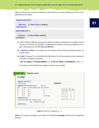 81
5.2 Objetos ﬂotantes: Entornos ﬁgure y table (http://www.tec-digital.itcr.ac.cr/revistamatematica/).
LATEX nos ofrece dos comandos (ambientes) para indicarle nuestras preferencias sobre el des-
plazamiento del objeto.
begin{figure}[h!]
....
caption{...}label{figure:nombre}
end{figure}
begin{table}[h!]
....
caption{...}label{table:nombre}
end{table}
[h!] le indica a LATEX que queremos la ﬁgura o la tabla, exactamente en ese lugar (h=here,
esto no es tan exacto, ya que LATEX en realidad lo acomoda lo más cerca posible de ese lu-
gar). Otras opciones son [t]=top,[b]=botton.
caption{ texto} es la etiqueta de cada objeto (numerándolo automáticamente). Se
puede omitir.
label (“etiqueta”) es la identiﬁcación del objeto. En el texto podemos hacer referencia
a la tabla o a la ﬁgura, poniendo
"En la figura ref{fig:nombre}..." o "En la tabla ref{nombre}..."}
Si no vamos a hacer referencia, podemos omitir este comando.
Ejemplo 5.5 (Entorno table)
El código:
begin{table}[h!]
centering
begin{tabular}{|c|c|c|} hline
$p$ & $q$ & $prightarrow q$hline
0 & 0 & 1 
0 & 1 & 1 
1 & 0 & 0 
1 & 1 & 1 hline
end{tabular}
caption{Tabla de verdad para
$p rightarrow q$}
end{table}
produce:
p q p → q
0 0 1
0 1 1
1 0 0
1 1 1
Tabla 5.5. Tabla de verdad para p → q
Nota: Si va a poner una ﬁgura o una tabla en el ambiente minipage, debería usar el siguiente
formato
 