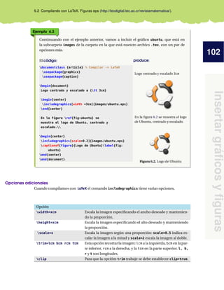 102
Insertargráﬁcosyﬁguras
6.2 Compilando con LaTeX. Figuras eps (http://tecdigital.tec.ac.cr/revistamatematica/).
Ejemplo 6.3
Continuando con el ejemplo anterior, vamos a incluir el gráﬁco ubuntu, que está en
la subcarpeta images de la carpeta en la que está nuestro archivo .tex, con un par de
opciones más.
El código: produce:
documentclass {article} % Compilar -> LaTeX
usepackage{graphicx}
usepackage{caption}
begin{document}
Logo centrado y escalado a {tt 3cm}
begin{center}
includegraphics[width =3cm]{images/ubuntu.eps}
end{center}
En la figura ref{fig:ubuntu} se
muestra el logo de Ubuntu, centrado y
escalado.
begin{center}
includegraphics[scale=0.2]{images/ubuntu.eps}
captionof{figure}{Logo de Ubuntu}label{fig:
ubuntu}
end{center}
end{document}
Logo centrado y escalado 3cm
En la ﬁgura 6.2 se muestra el logo
de Ubuntu, centrado y escalado.
Figura 6.2. Logo de Ubuntu
Opciones adicionales
Cuando compilamos con LaTeX el comando includegraphics tiene varias opciones,
Opción
width=xcm Escala la imagen especiﬁcando el ancho deseado y mantenien-
do la proporción.
height=xcm Escala la imagen especiﬁcando el alto deseado y manteniendo
la proporción.
scale=x Escala la imagen según una proporción: scale=0.5 indica es-
calar la imagen a la mitad y scale=2 escala la imagen al doble.
trim=lcm bcm rcm tcm Esta opción recortar la imagen: lcm a la izquierda, bcm en la par-
te inferior, rcm a la derecha, y la tcm en la parte superior. l, b,
r y t son longitudes.
clip Para que la opcióm trim trabaje se debe establecer clip=true.
 