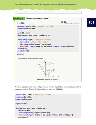 101
6.2 Compilando con LaTeX. Figuras eps (http://www.tec-digital.itcr.ac.cr/revistamatematica/).
Ejemplo 6.2 (Gráfico en ambiente “figure”)
El código: Descargar archivo
documentclass{article} %Compilar -> LaTeX
usepackage{graphicx}
begin{document}
Consideremos ahora una rotación de ...
begin{figure}[h!] % Ambiente ’figure’
centering % imagen sin escalar
includegraphics{images/figura4.eps}
captionof{figure}{Rotación de ángulo $theta$.}label{figura4}
end{figure}
end{document}
produce:
Consideremos ahora una rotación de ...
Y
Figura 6.1. Rotación de ángulo θ.
Podemos agregar una leyenda a la figura con el paquete caption sin necesidad de poner la fi-
gura en un entorno flotante. El mismo efecto se logra con el código
documentclass{article} %Compilar -> LaTeX
usepackage{graphicx}
usepackage{caption}
begin{document}
Consideremos ahora una rotación de ...
begin{center}
includegraphics{images/figura4.eps}
captionof{figure}{Rotación de ángulo $theta$.}label{figura4}
end{center}
 
