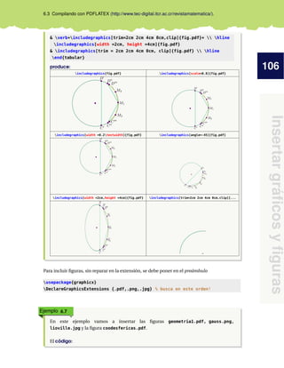 106
Insertar
gráficos
y
figuras
6.3 Compilando con PDFLATEX (http://www.tec-digital.itcr.ac.cr/revistamatematica/).
& verb+includegraphics[trim=2cm 2cm 4cm 0cm,clip]{fig.pdf}+  hline
includegraphics[width =2cm, height =4cm]{fig.pdf}
& includegraphics[trim = 2cm 2cm 4cm 0cm, clip]{fig.pdf}  hline
end{tabular}
produce:
includegraphics{fig.pdf} includegraphics[scale=0.8]{fig.pdf}
includegraphics[width =0.2textwidth]{fig.pdf} includegraphics[angle=-45]{fig.pdf}
includegraphics[width =2cm,height =4cm]{fig.pdf} includegraphics[trim=2cm 2cm 4cm 0cm,clip]{...
Para incluir figuras, sin reparar en la extensión, se debe poner en el preámbulo
usepackage{graphicx}
DeclareGraphicsExtensions {.pdf,.png,.jpg} % busca en este orden!
Ejemplo 6.7
En este ejemplo vamos a insertar las figuras geometria1.pdf, gauss.png,
lioville.jpg y la figura coodesfericas.pdf.
El código:
 
