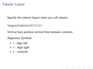 Tabular Layout

Specify the column layout when you call tabular:
begin{tabular}{l|l|l}
Vertical bars produce vertical lines between columns.
Alignment Symbols
l - align left
r - align right
c - centered

 