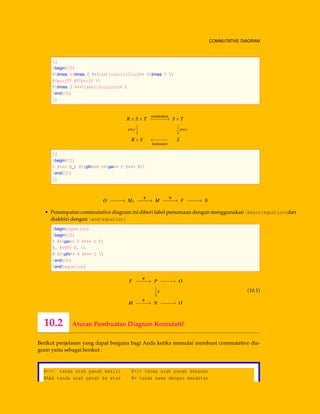 2 COMMUTATIVE DIAGRAM
[
begin{CD}
Rtimes Stimes T @>text{restriction}>> Stimes T 
@VprojVV @VVprojV 
Rtimes S @<<text{inclusion}< S
end{CD}
]
R×S×T
restriction
−−−−−−→ S×T
proj



proj
R×S ←−−−−−
inclusion
S
[
begin{CD}
O @>>> M_1 @>phi>>M @>psi>> F @>>> 0
end{CD}
]
O −−−−→ M1
φ
−−−−→ M
ψ
−−−−→ F −−−−→ 0
• Penempatan commutative diagram ini diberi label persamaan dengan menggunakan begin{equation}dan
diakhiri dengan end{equation}
begin{equation}
begin{CD}
F @>psi>> P @>>> O 
@. @VVFV @. 
M @>phi>> N @>>> O 
end{CD}
end{equation}
F
ψ
−−−−→ P −−−−→ O


F
M
φ
−−−−→ N −−−−→ O
(10.1)
10.2 Aturan Pembuatan Diagram Komutatif
Berikut penjelasan yang dapat berguna bagi Anda ketika memulai membuat commutative dia-
gram yaitu sebagai berikut :
@<<< tanda arah panah kekiri @>>> tanda arah panah kekanan
@AAA tanda arah panah ke atas @= tanda sama dengan mendatar
 