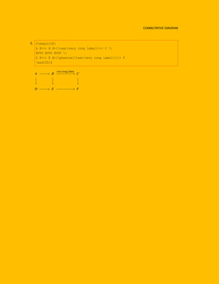 4 COMMUTATIVE DIAGRAM
5. $begin{CD}
A @>>> B @>{text{very long label}}>> C 
@VVV @VVV @VVV 
D @>>> E @>{phantom{text{very long label}}}>> F
end{CD}$
A −−−−→ B
very long label
−−−−−−−−→ C






D −−−−→ E −−−−−−−−→ F
 