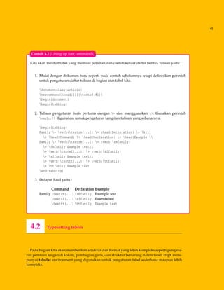45
Kita akan melihat tabel yang memuat perintah dan contoh keluar daftar bentuk tulisan yaitu :
1. Mulai dengan dokumen baru seperti pada contoh sebelumnya tetapi deﬁnisikan perintah
untuk pengaturan daftar tulisan di bagian atas tabel kita.
documentclass{article}
newcommand{head}[1]{textbf{#1}}
begin{document}
begin{tabbing}
2. Tulisan pengaturan baris pertama dengan = dan menggunakan >. Gunakan perintah
verb...|| digunakan untuk pengaturan tampilan tulisan yang sebenarnya.
begin{tabbing}
Family = verb|textrm{...}| = head{Declaration} = kill
> head{Command} > head{Declaration} > head{Example}
Family > verb|textrm{...}| > verb|rmfamily|
> rmfamily Example text
> verb|textsf{...}| > verb|sffamily|
> sffamily Example text
> verb|texttt{...}| > verb|ttfamily|
> ttfamily Example text
end{tabbing}
3. Didapat hasil yaitu :
Command Declaration Example
Family textrm{...} rmfamily Example text
textsf{...} sffamily Example text
texttt{...} ttfamily Example text
Contoh 4.2 (Lining up font commands)
4.2 Typesetting tables
Pada bagian kita akan memberikan struktur dan format yang lebih kompleks,seperti pengatu-
ran perataan tengah di kolom, pembagian garis, dan struktur bersarang dalam tabel. LATEX mem-
punyai tabular environment yang digunakan untuk pengaturan tabel sederhana maupun lebih
kompleks.
 