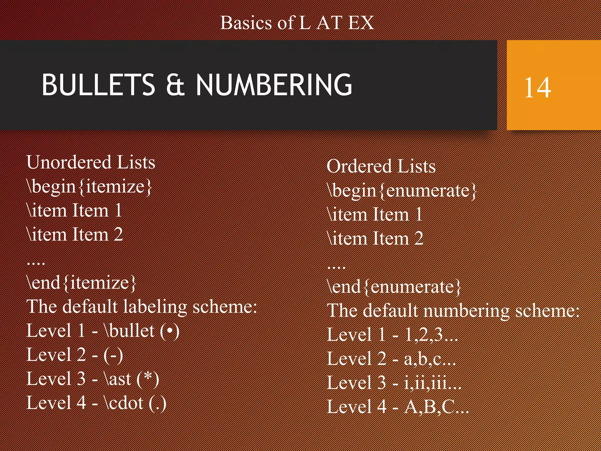 BULLETS & NUMBERING
Unordered Lists
begin{itemize}
item Item 1
item Item 2
....
end{itemize}
The default labeling scheme:
Level 1 - bullet (•)
Level 2 - (-)
Level 3 - ast (*)
Level 4 - cdot (.)
Ordered Lists
begin{enumerate}
item Item 1
item Item 2
....
end{enumerate}
The default numbering scheme:
Level 1 - 1,2,3...
Level 2 - a,b,c...
Level 3 - i,ii,iii...
Level 4 - A,B,C...
Basics of L AT EX
14
 