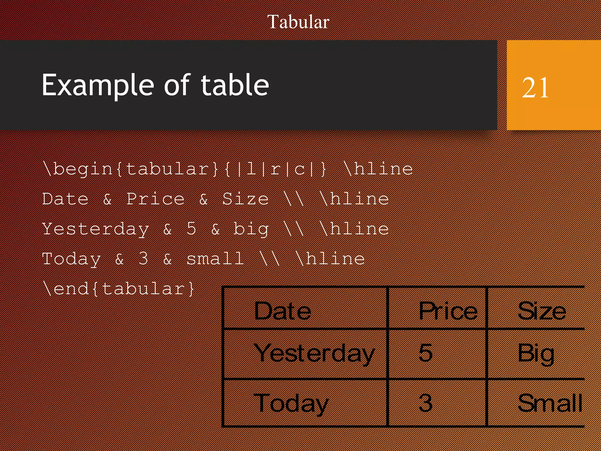 Example of table
begin{tabular}{|l|r|c|} hline
Date & Price & Size  hline
Yesterday & 5 & big  hline
Today & 3 & small  hline
end{tabular}
Date Price Size
Yesterday 5 Big
Today 3 Small
Tabular
21
 