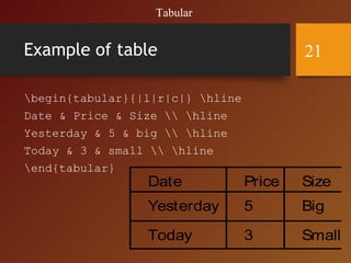 Example of table
begin{tabular}{|l|r|c|} hline
Date & Price & Size  hline
Yesterday & 5 & big  hline
Today & 3 & small  hline
end{tabular}
Date Price Size
Yesterday 5 Big
Today 3 Small
Tabular
21
 