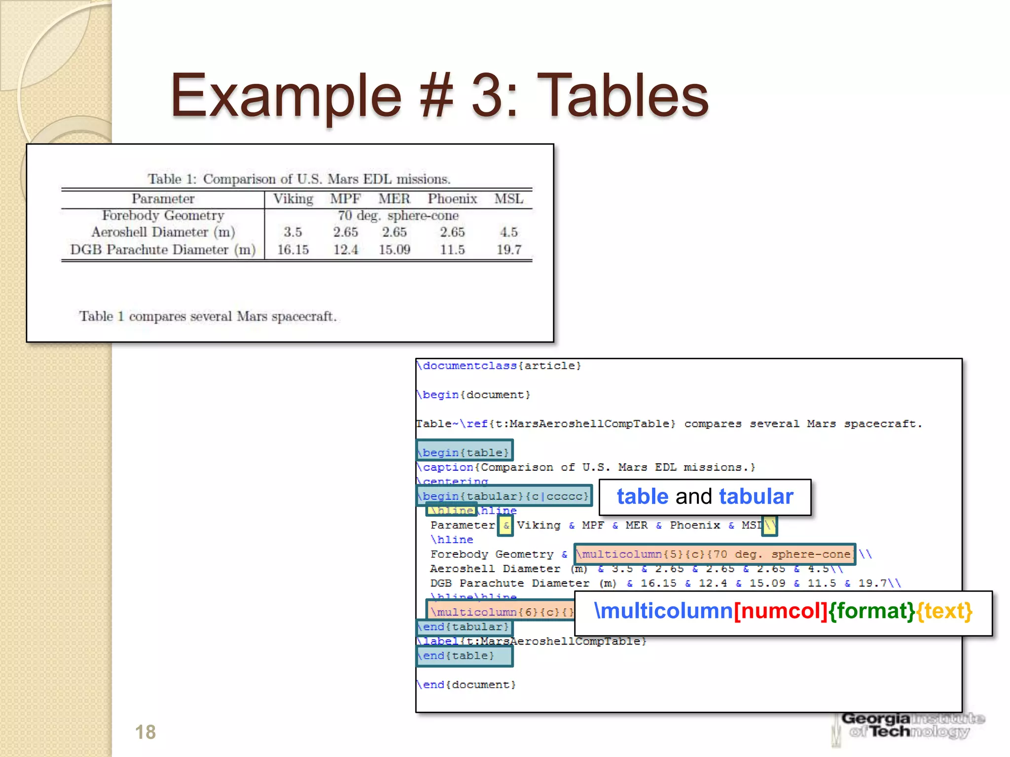 Example # 3: Tables




                     table and tabular




                   multicolumn[numcol]{format}{text}




18
 