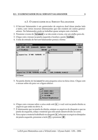 II.3. O GERENCIADOR DUAL SERVANT SALAMANDER 8
.3. O   S S
1. O Servant Salamander é um gerenciador de arquivos dual (duas janelas lado
a lado), com vários recursos interessantes que não existem em outros gerenci-
adores. No Salamander, pode-se trabalhar quase sempre com o teclado.
2. Pressione o ı́cone do Salamand e se não existe o ı́cone, crie um atalho para ele.
3. Clique com o mouse na janela esquerda e localize a pasta SeuNome .
4. A tela de entrada do Servant Salamander possui a forma:
5. Na janela direita do Salamand há uma pequena caixa na faixa cinza. Clique com
o mouse sobre ela para ver a figura abaixo:
6. Clique com o mouse sobre a caixa onde está A: e você verá na janela direita os
arquivos que estão no drive A.
7. É interessante que na janela da direita, estejam os arquivos do disquete e que na
janela da esquerda, esteja o material que está sendo desenvolvido no curso.
8. Para copiar o material trabalhado no disquete A: selecione os arquivos desejados
da janela esquerda, pressione a tecla F5 e pressione OK .
LaTeX para Matemática com o TeXnicCenter - Ulysses Sodré - UEL - 2006
 