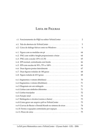 L  F
.1. Funcionamento do L
A
TEX no editor TeXnicCenter . . . . . . . . . . . . 2
.1. Tela de abertura do TeXnicCenter . . . . . . . . . . . . . . . . . . . . . 5
.2. Caixa de diálogo Salvar como no Windows . . . . . . . . . . . . . . . 6
.1. Figura com as medidas em pt . . . . . . . . . . . . . . . . . . . . . . . 64
.2. PNG com width e height proporcionais a hsize . . . . . . . . . . . . . 64
.3. PNG com a escala 135%=(1.35) . . . . . . . . . . . . . . . . . . . . . . 65
.4. EPS normal, centralizada com borda . . . . . . . . . . . . . . . . . . . 66
.5. EPS com escalas de 50%, 75% e 100% . . . . . . . . . . . . . . . . . . . 66
.6. Duas figuras postas lateralmente . . . . . . . . . . . . . . . . . . . . . 67
.7. Duas figuras rodadas de 180 graus . . . . . . . . . . . . . . . . . . . . 68
.8. Figura rodada de 43.5 graus . . . . . . . . . . . . . . . . . . . . . . . . 68
.1.Segmentos e vetores (thinlines) . . . . . . . . . . . . . . . . . . . . . . 70
.2.Segmentos e vetores (thicklines) . . . . . . . . . . . . . . . . . . . . . . 71
.3.Diagonais em um retângulo . . . . . . . . . . . . . . . . . . . . . . . . 71
.4.Linhas com sı́mbolos diferentes . . . . . . . . . . . . . . . . . . . . . . 71
.5.Linhas tracejadas . . . . . . . . . . . . . . . . . . . . . . . . . . . . . . 72
.6.Função sinal . . . . . . . . . . . . . . . . . . . . . . . . . . . . . . . . . 72
.7.Retângulos e cı́rculos (vazios e cheios) . . . . . . . . . . . . . . . . . . 73
.8.Como gerar um arquivo pdf no TeXnicCenter . . . . . . . . . . . . . . 73
.9.Curvas de Bezier e Donald Knuth no sistema de eixos . . . . . . . . . 74
.10. Textos e equações controlados por espaços . . . . . . . . . . . . . . . 74
.11. Fluxo de caixa . . . . . . . . . . . . . . . . . . . . . . . . . . . . . . . 75
LaTeX para Matemática com o TeXnicCenter - Ulysses Sodré - UEL - 2006
 