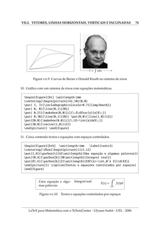 V.3. TABELAS ESPECIAIS: PACOTES COLOR, COLORTBL E MULTIROW 52
15. Usamos a medida p para fixar a largura de uma coluna e justificar o texto pela
esquerda.
tabcolsep=3pt
$$begin{tabular}{|c|l|p{18mm}|r|} hline
Alinha pelo centro  Alinha pela esquerda  Alinha pela esquerda
 Alinha pela direita hline
Largura livre  Largura livre  Largura fixa  Largura livrehline
end{tabular}$$
Alinha pelo centro Alinha pela esquerda Alinha
pela
esquerda
Alinha pela direita
Largura livre Largura livre Largura
fixa
Largura livre
16. Definimos um texto como separador de colunas com o sı́mbolo @texto entre dois
descritores de colunas que substitui a barra vertical |.
$$begin{tabular}{|r @{bf texttt{ é muito }} l|} hline
O leão  feroz. hline
Deus  fiel. hline
O homem  interessante. hline
end{tabular}$$
O leão é muito feroz.
Deus é muito fiel.
O homem é muito interessante.
17. Linhas sublinhando uma ou mais colunas na tabela são obtidas com cline.
$$begin{tabular}{|c|c|c|c|c|c|c|}hline
sub  sub  sub  normal  sub  sub cline{1-3}cline{5-6}
1  2  3  4  5  6  hline
end{tabular}$$
sub sub sub normal sub sub
1 2 3 4 5 6
LaTeX para Matemática com o TeXnicCenter - Ulysses Sodré - UEL - 2006
 