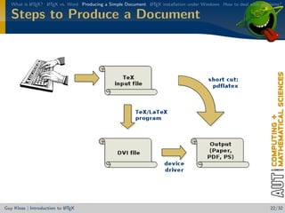 What is L TEX? L TEX vs. Word Producing a Simple Document L TEX installation under Windows How to deal with problems?
           A      A                                          A


   Steps to Produce a Document




                            A
Guy Kloss | Introduction to L TEX                                                                                  22/32
 