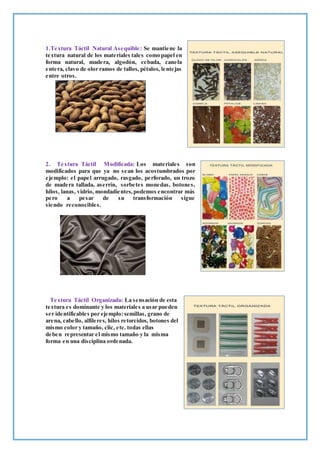 1.Textura Táctil Natural Asequible: Se mantiene la
textura natural de los materiales tales como papel en
forma natural, madera, algodón, cebada, canela
entera, clavo de olor ramos de tallos, pétalos, lentejas
entre otros.
2. Textura Táctil Modificada: Los materiales son
modificados para que ya no sean los acostumbrados por
ejemplo: el papel arrugado, rasgado, perforado, un trozo
de madera tallada, aserrín, sorbetes monedas, botones,
hilos, lanas, vidrio, mondadientes,podemos encontrar más
pero a pesar de su transformación sigue
siendo reconocibles.
Textura Táctil Organizada: La sensación de esta
textura es dominante y los materiales a usar pueden
ser identificables por ejemplo:semillas, grano de
arena, cabello, alfileres, hilos retorcidos, botones del
mismo color y tamaño, clic, etc. todas ellas
deben representar el mismo tamaño y la misma
forma en una disciplina ordenada.
 
