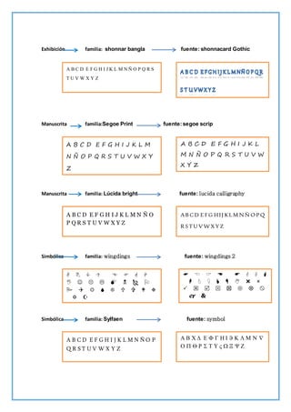 Exhibición familia: shonnar bangla fuente: shonnacard Gothic
Manuscrita familia:Segoe Print fuente:segoe scrip
Manuscrita familia: Lúcida bright fuente: lucida calligraphy
Simbólica familia: wingdings fuente: wingdings 2
Simbólica familia: Sylfaen fuente: symbol
A B C D E F G H I J K L M N Ñ O P Q R S
T U V W X Y Z
A B C D E F G H I J K L M
N Ñ O P Q R S T U V W X Y
Z
A B C D E F G H I J K L
M N Ñ O P Q R S T U V W
X Y Z
A B C D E F G H I J K L M N Ñ O
P Q R S T U V W X Y Z
AB C D E FG HIJ KLM NÑ O PQ
R STUVWX Y Z








A B C D E F G H I J K L M N Ñ O P
Q R S T U V W X Y Z


 