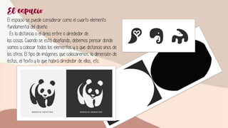 El espacio
El espacio se puede considerar como el cuarto elemento
fundamental del diseño.
: Es la distancia o el área entre o alrededor de
las cosas. Cuando se está diseñando, debemos pensar donde
vamos a colocar todos los elementos y a que distancia unos de
los otros. El tipo de imágenes que colocaremos, la dimensión de
éstas, el texto y lo que habrá alrededor de ellas, etc.
 