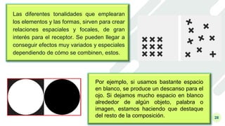 v
v
28
Las diferentes tonalidades que emplearan
los elementos y las formas, sirven para crear
relaciones espaciales y focales, de gran
interés para el receptor. Se pueden llegar a
conseguir efectos muy variados y especiales
dependiendo de cómo se combinen, estos.
Por ejemplo, si usamos bastante espacio
en blanco, se produce un descanso para el
ojo. Si dejamos mucho espacio en blanco
alrededor de algún objeto, palabra o
imagen, estamos haciendo que destaque
del resto de la composición.
 